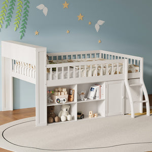 English Elm Full Size Kids Loft Bed with Led Headboard Open Shelving and Natural Wood Frame White N7090005024K