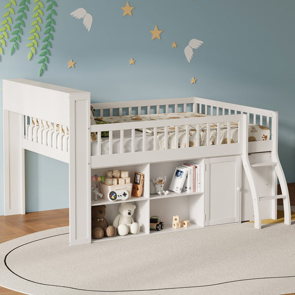 English Elm Full Size Kids Loft Bed with Led Headboard Open Shelving and Natural Wood Frame White N7090005024K