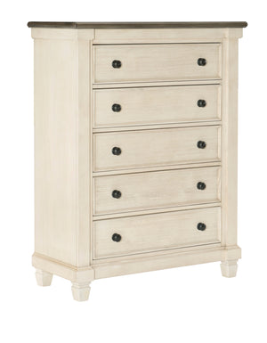 English Elm Transitional Rustic Five Drawer Chest Pine Oak Veneer Antique White Bedroom Storage B011P225155