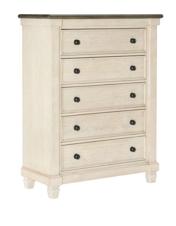 English Elm Transitional Rustic Five Drawer Chest Pine Oak Veneer Antique White Bedroom Storage B011P225155