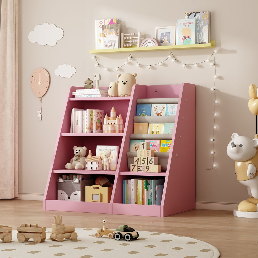 English Elm Pink Montessori Wooden Toy Storage Cabinet with 4-Tier Sling Book Pockets Sturdy Kids Bookshelf W2876P233538