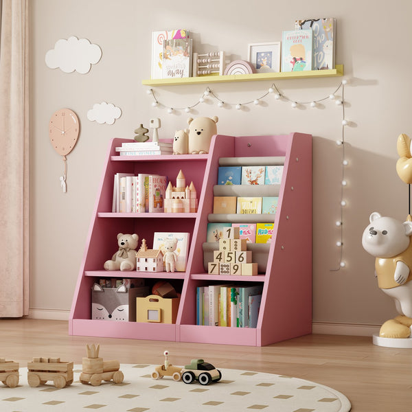 English Elm Pink Montessori Wooden Toy Storage Cabinet with 4-Tier Sling Book Pockets Sturdy Kids Bookshelf W2876P233538
