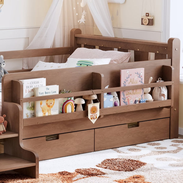 English Elm Twin Pine Floor Bed with Guardrails Built-in Bookcases and Stair Steps for Kids Natural W1580P430200