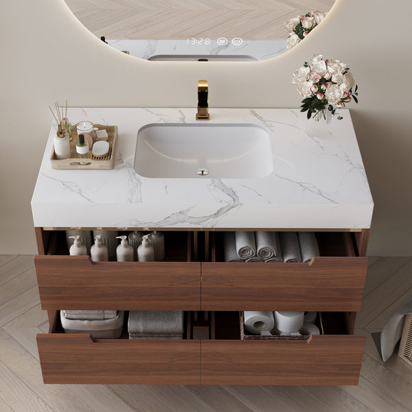 English Elm This Farmhouse Vanity Pairs Sintered Stone with Soft-close Drawers for a Refined Bath W3136S00023