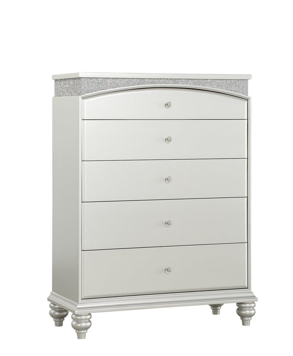 English Elm Maverick Platinum Finish Dresser with 9 Drawers, Crystal Knobs, Rhinestone Inlay, Felt Top Drawer - Luxurious Storage Silver 50 L x 20 W x 42 H B2726P247645