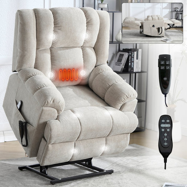 English Elm Dual Motor Power Lift Recliner Chenille Chair with Massage Heat and Infinite Positions Beige W3224P288434