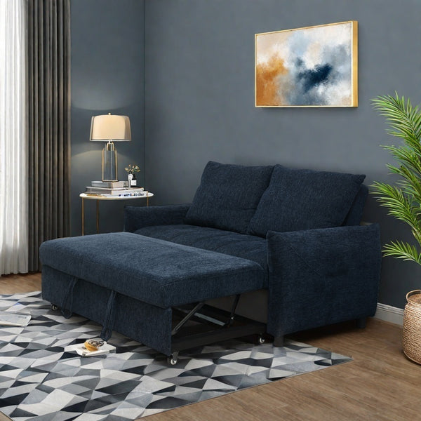 English Elm 57.48" Navy Line Velvet Sofa Bed with Adjustable 3‑Angle Backrest, Memory Foam Chaise, Modern Loveseat Sleeper (Navy) W1183S00023