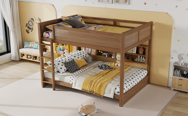 English Elm Queen Over Queen Floor Bunk Bed with Built-In Storage Shelves, USB Charging Station, Solid Pine Frame, Safety Rails and LadderDesigned for Space Saving and Modern Bedrooms Wheat W504S00259