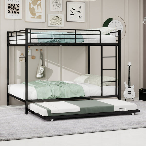 English Elm Durable Iron Bunk Bed With Trundle, Safety Rails & Modern Design – Perfect For Kids, Guests & Space-Saving! W1935P360854