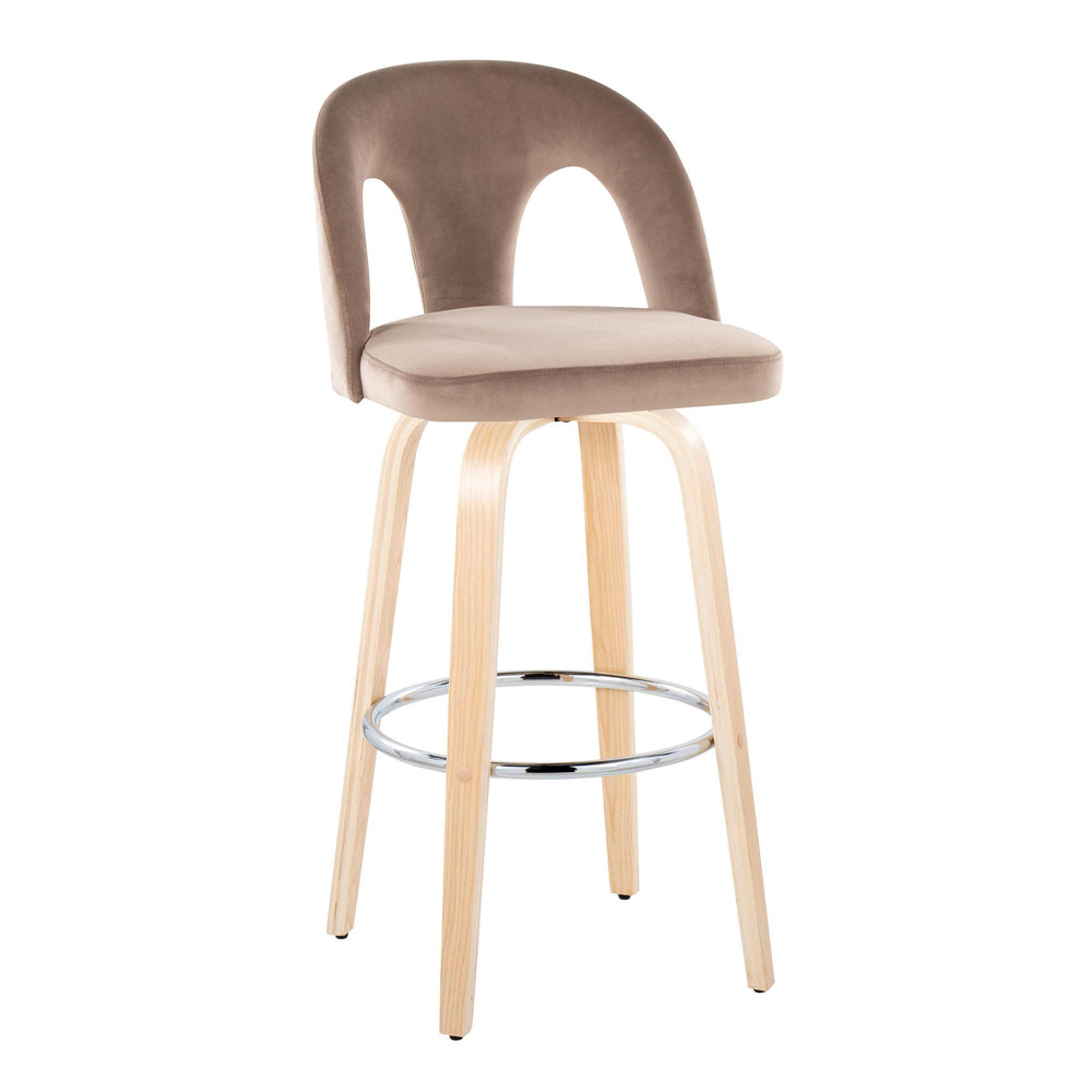 English Elm Fixed-height Swivel Barstools Taupe Velvet Natural Wood Legs Chrome Footrest Set B202S01877