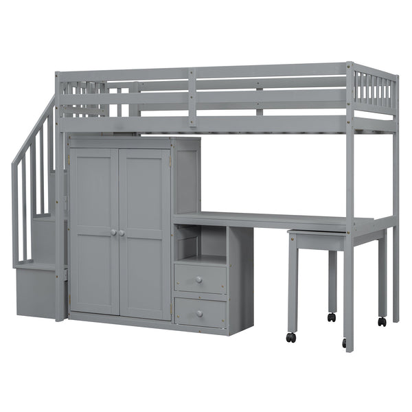 English Elm Queen Murphy Bed with Integrated Desk Cabinet Shelves Space Saving Studio Solution Gray N708S00013E