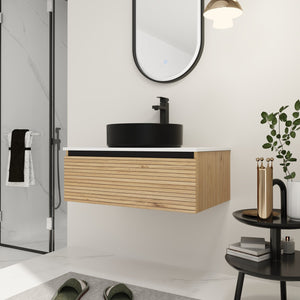 English Elm 30'' Floating Wall Mounted Vanity Hand Painted Ceramic Vessel Sink Soft Close Drawer W999S00360