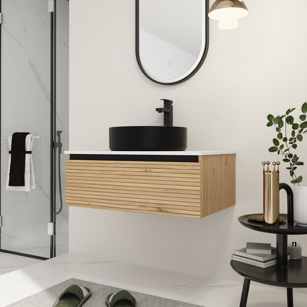 English Elm 30'' Floating Wall Mounted Vanity Hand Painted Ceramic Vessel Sink Soft Close Drawer W999S00360