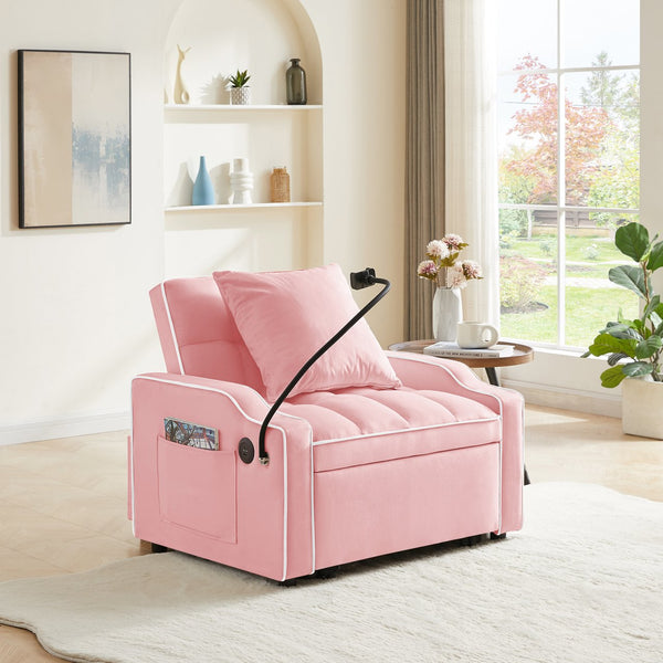 English Elm Sleeper Sofa Chair Velvet Convertible Armchair with Usb Charging for Small Spaces Pink W1359P458678