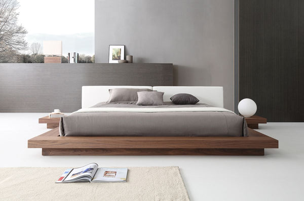 Queen Modern Walnut & White Leatherette Platform Bed – Sleek Design, No Box Spring Needed!