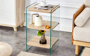 English Elm Three Triple-Layer Bedside Table with MDF Top & Tempered Glass Legs, Storage, Minimalist Warmth W1512P387008
