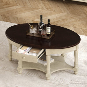 English Elm Vintage Oval Coffee Table With Drawer & Storage Shelf - French Country Charm For Living Rooms N735P277388K-GIGA
