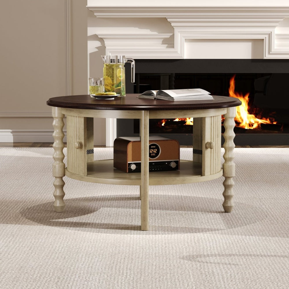 English Elm Vintage Round Coffee Table With Hidden Storage – Mid-Century Modern Charm For Small Spaces & More N735P277387K-GIGA