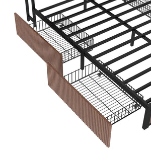 English Elm Large Walnut French Bed Frame with 8 Extra-Large Drawers, Reinforced Iron Support, USB Socket W1858P336607