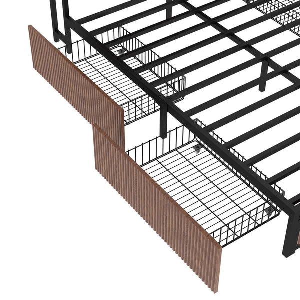 English Elm Large Walnut French Bed Frame with 8 Extra-Large Drawers, Reinforced Iron Support, USB Socket W1858P336607