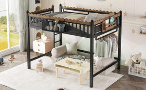 English Elm Full Size Metal Loft Bed with Built-in Shelving for Teen or Studio Bedroom W1580S00381