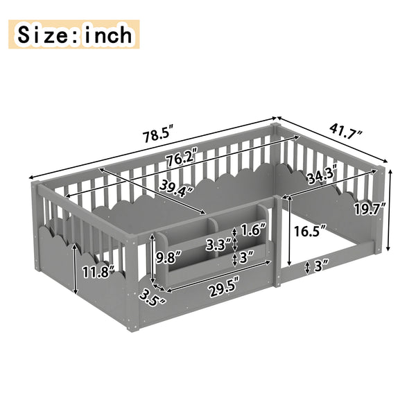 English Elm Twin Low Profile Kids Floor Bed Pine Wood Frame with Safety Rail and Built in Bookshelf Gray W1580P373135