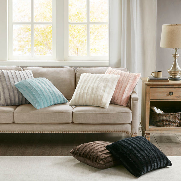 JLA Home Madison Park - Faux Plush Faux Fur Square Pillow — Ultra-Soft OEKO-TEX Certified Accent for Cozy, Modern Décor Blue MP30-5785