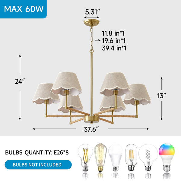 English Elm 8-light Gold Rope Wrapped Fabric Shade Chandelier for Dining and Living Rooms W5008P391565
