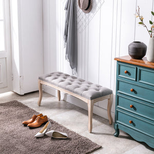English Elm Bedroom Bench Tufted Linen Seat with Carved Distressed Wood Legs French Country Style Grey W3244P493669