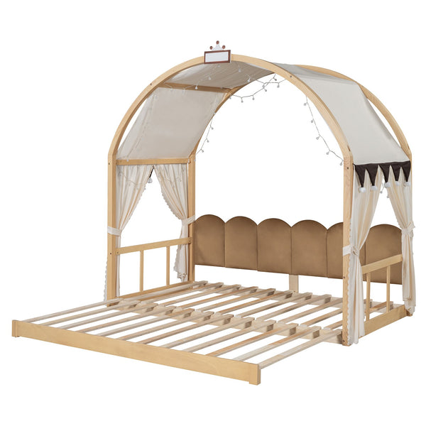 English Elm Twin Pinewood Ground-Level Canopy Bed with Arched Roof and Trundle for Kids—Whimsical, Sturdy Design Natural N820P181648N