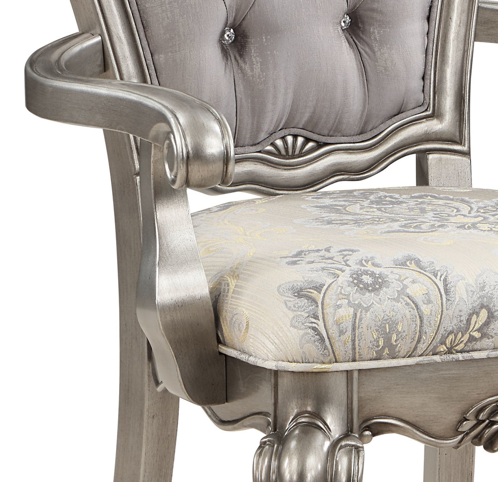 English Elm Beige Velvet Tufted Side Chair Set of 2 with Antique Platinum Scroll Legs, Crystal Buttons, 3" Foam Seat B062P209226