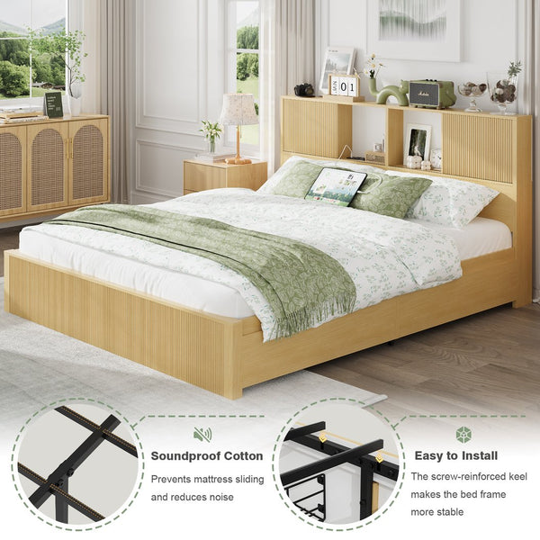 English Elm Queen Storage Bed Oak Finish Sliding Barn Door Headboard with Built-in Charging T3773P417198