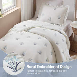 English Elm 2-piece Floral Embroidered Twin Quilt Set Romantic Ruffled Border Soft Down Alternative Fill White+Blue B035P463189