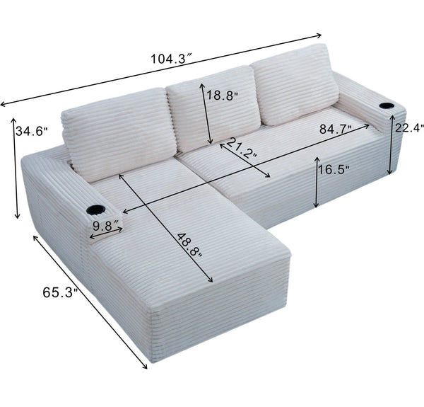 English Elm 104 Inch Corduroy Modular Cloud Sofa Deep Seat L Shaped Chaise Living Room Couch W5515S00022
