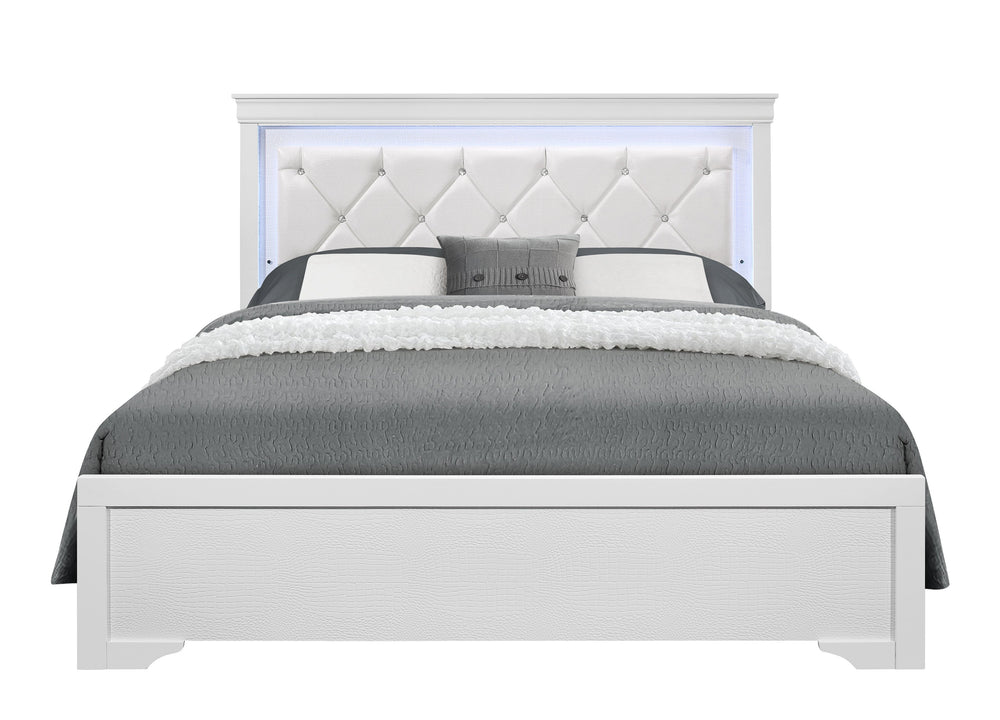 English Elm SHAKER White Queen Bed with Crystal Tufted Padded Headboard, LED Accent Lighting, Solid Wood Finish B201S00341