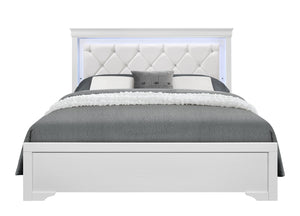 English Elm SHAKER Crystal-Tufted King Bed with LED Lighting, Padded Panel Headboard, Solid Wood/MDF Elegance White 84.25 L x 35.43 W x 7.68 H B201S00323