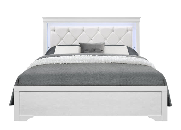 English Elm SHAKER Crystal-Tufted King Bed with LED Lighting, Padded Panel Headboard, Solid Wood/MDF Elegance White 84.25 L x 35.43 W x 7.68 H B201S00323