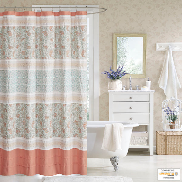 JLA Home Madison Park - Cotton Paisley Shower Curtain with Pin-Tucks and Lace Trim, OEKO-TEX Certified, 72x72 Inches Coral MP70-3038