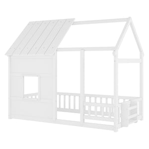English Elm Twin House Frame Floor Bed Pinewood Build with Led Roofline Kids Bedroom White W697P435880
