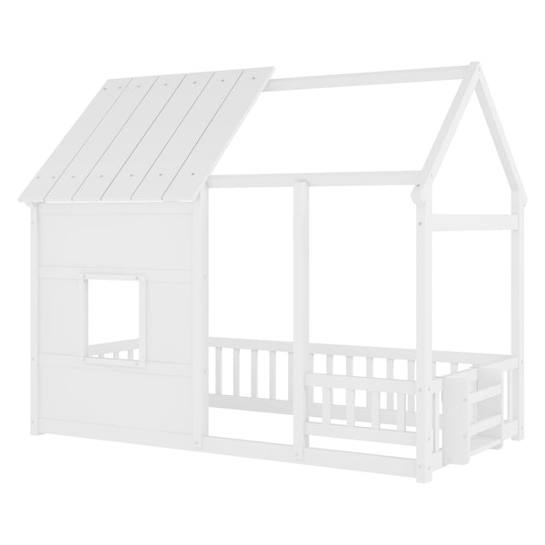 English Elm Twin House Frame Floor Bed Pinewood Build with Led Roofline Kids Bedroom White W697P435880