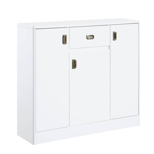 English Elm Pagan White High Gloss Server with Upholstered Seat, 3 Doors, 5 Adjustable Shelves, Sleek Glam Finish B2726P256327