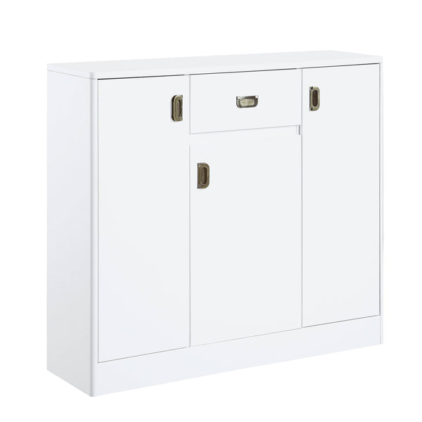 English Elm Pagan White High Gloss Server with Upholstered Seat, 3 Doors, 5 Adjustable Shelves, Sleek Glam Finish B2726P256327