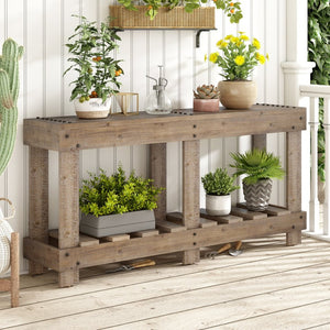 English Elm U_Style 62.9" Vintage Console Table - Solid Fir Wood, Antique Metal Rivets & Under-Shelf Storage Option N711P289135O-GIGA