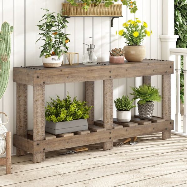 English Elm U_Style 62.9" Vintage Console Table - Solid Fir Wood, Antique Metal Rivets & Under-Shelf Storage Option N711P289135O-GIGA