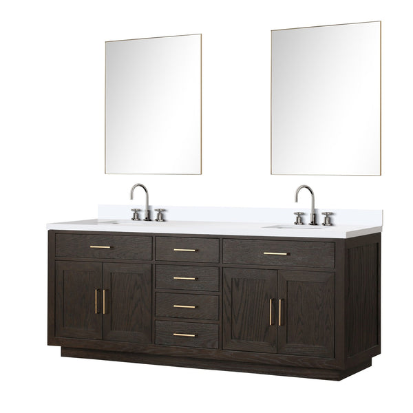 English Elm Brown Oak Double Bath Vanity Set With Cultured Marble Top, Chrome Faucets & 36" Mirrors, 84" W B2731S01816