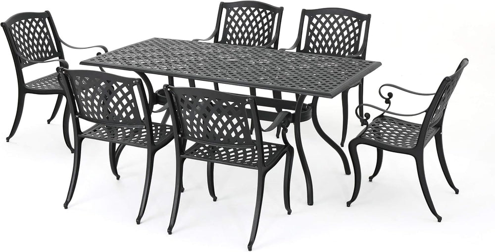 English Elm Christopher Knight Home® - Calisa Cast Aluminum 63" Rectangular Outdoor Dining Set for 6 in Black – Lattice Top, Rust‑Resistant Finish 54587.00SAD-6_56955.00