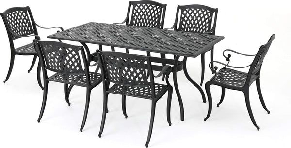 English Elm Christopher Knight Home® - Calisa Cast Aluminum 63" Rectangular Outdoor Dining Set for 6 in Black – Lattice Top, Rust‑Resistant Finish 54587.00SAD-6_56955.00