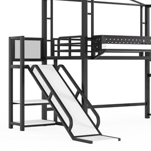 English Elm Twin Metal Loft Bed with Built-in Wardrobe Storage Stairs Led Lights and Usb Ports W5316S00045