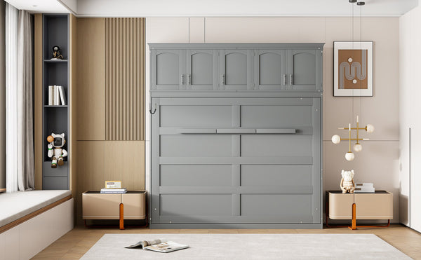 English Elm Full Size Murphy Wall Bed with Top Cabinet Storage for Studio or Guest Room LP006664AAE-1