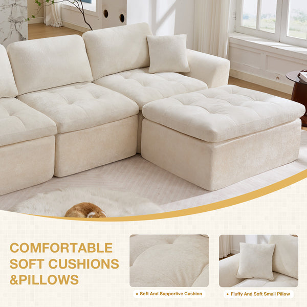 English Elm 110" Chenille Cloud Sectional Sofa Modular L-shape Deep Seat with Convertible Ottoman Beige W1521S00087